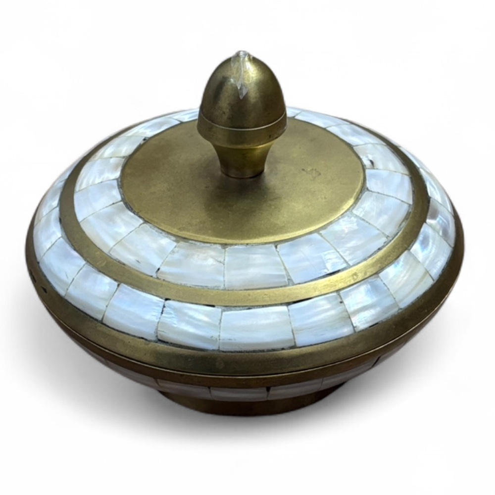 Brass and mother-of-pearl inlaid trinket box or incense burner